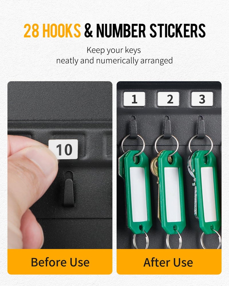 Uniclife Steel Key Cabinet Wall Mounted Organizer - 28 Keys, 2 Unlocking Keys - Black Frosted Security Box with Hooks and Color-Coded Labels - Image 3